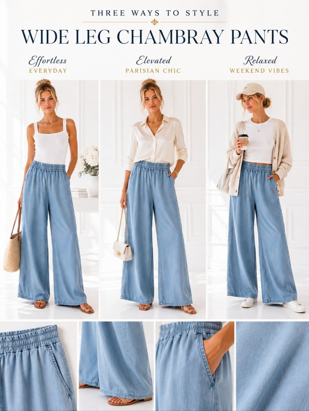 Karamel Italy Tencel Wide Leg Pull-On Pants | Elastic Waist | Light Blue - Picture 3 of 8